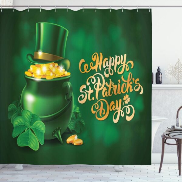 St. Patrick'S Day Large Pot of Gold Leprechaun Hat and Shamrocks Greetings 17Th March Single Shower Curtain - Image 3