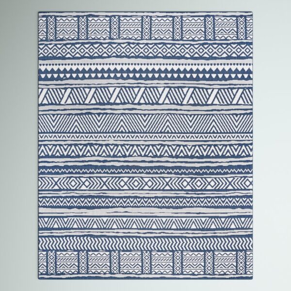 Von Tribal Southwestern Striped Power Loom Navy Indoor/Outdoor Patio Rug - Image 2