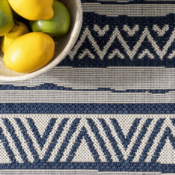 Von Tribal Southwestern Striped Power Loom Navy Indoor/Outdoor Patio Rug - Image 3