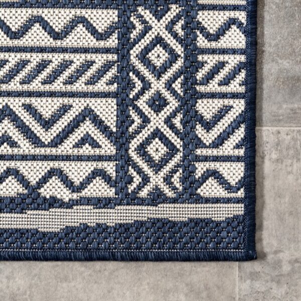 Von Tribal Southwestern Striped Power Loom Navy Indoor/Outdoor Patio Rug - Image 4