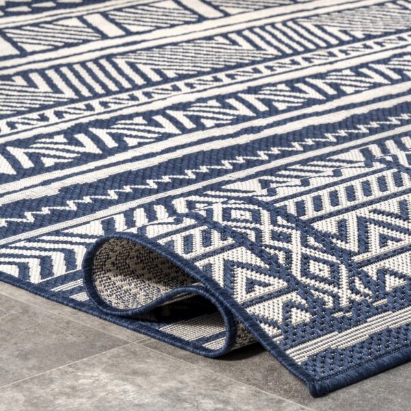 Von Tribal Southwestern Striped Power Loom Navy Indoor/Outdoor Patio Rug - Image 7