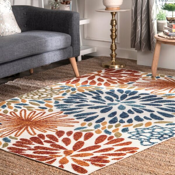 Weyland Floral Power Loom Blue/Orange Indoor/Outdoor Patio Rug - Image 8