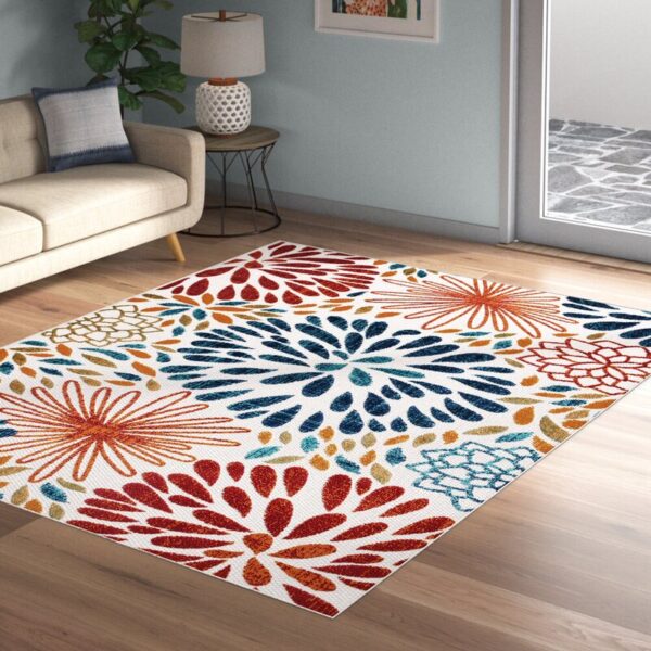 Weyland Floral Power Loom Blue/Orange Indoor/Outdoor Patio Rug - Image 2